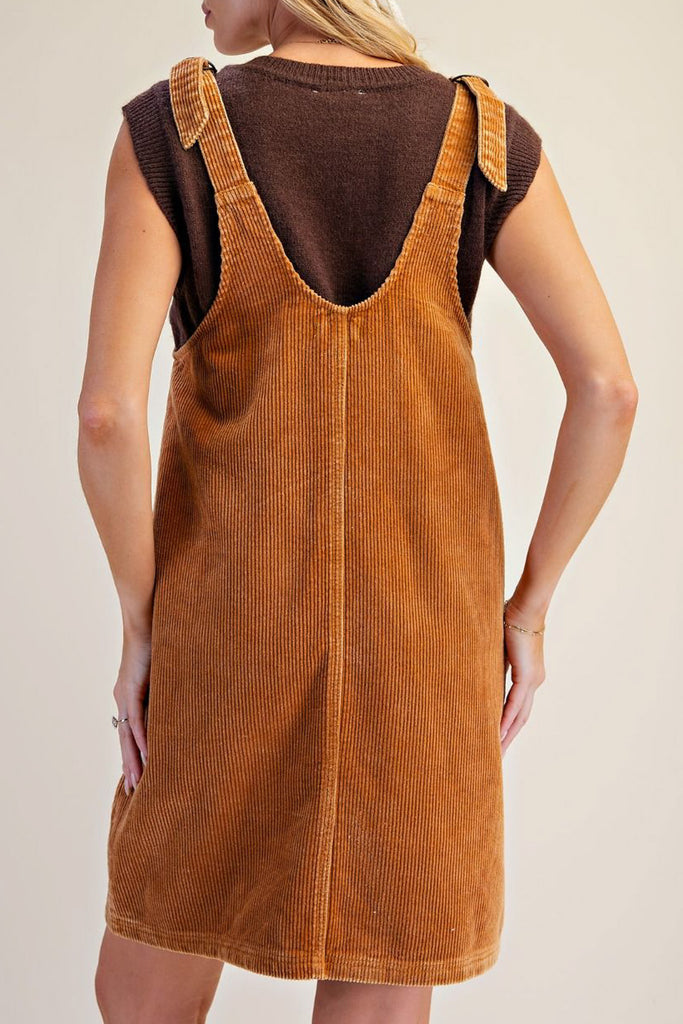 cute jumper dress made from a soft camel-colored corduroy