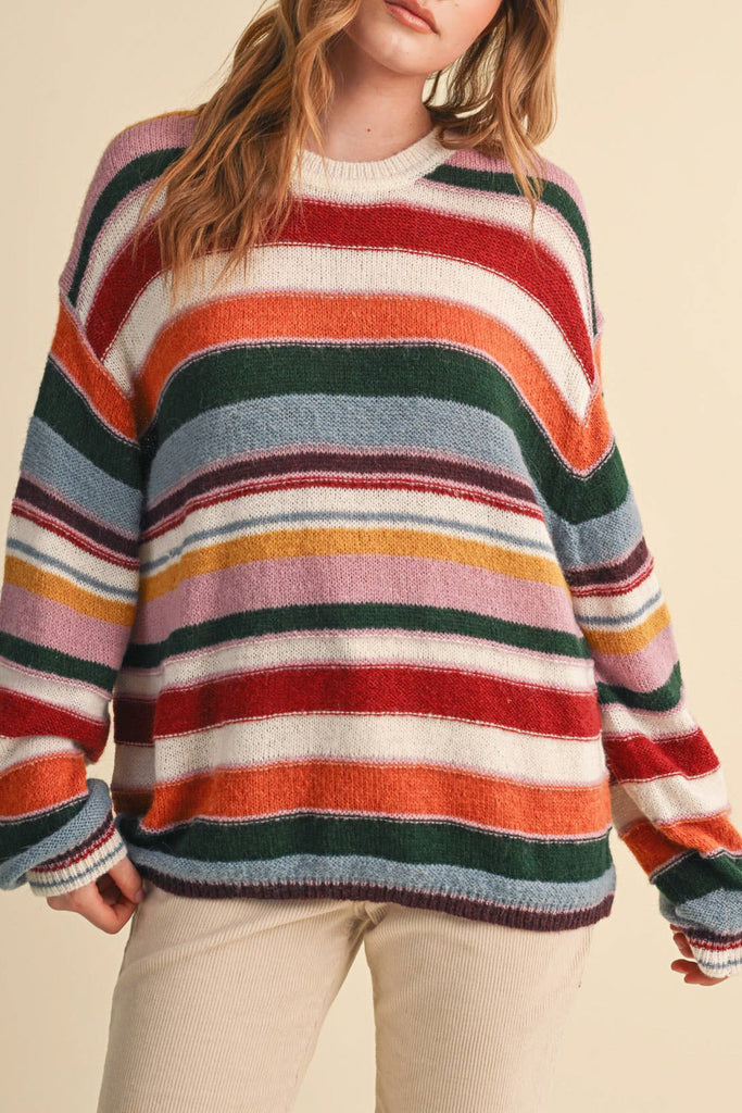 soft and comfortable pullover with a colorful striped design. 