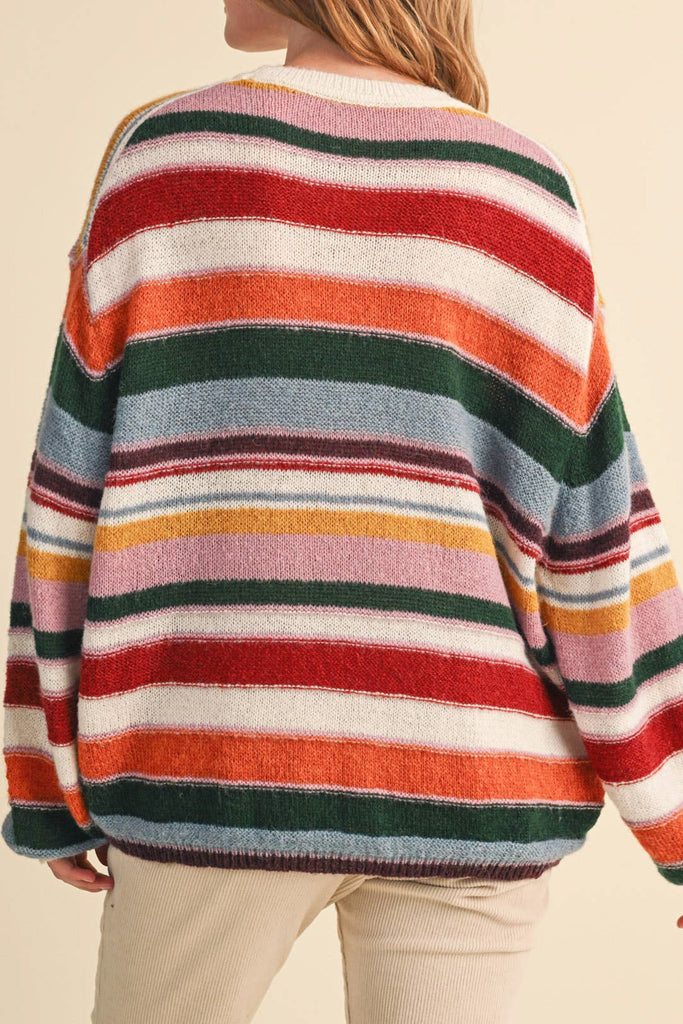 soft and comfortable pullover with a colorful striped design. 