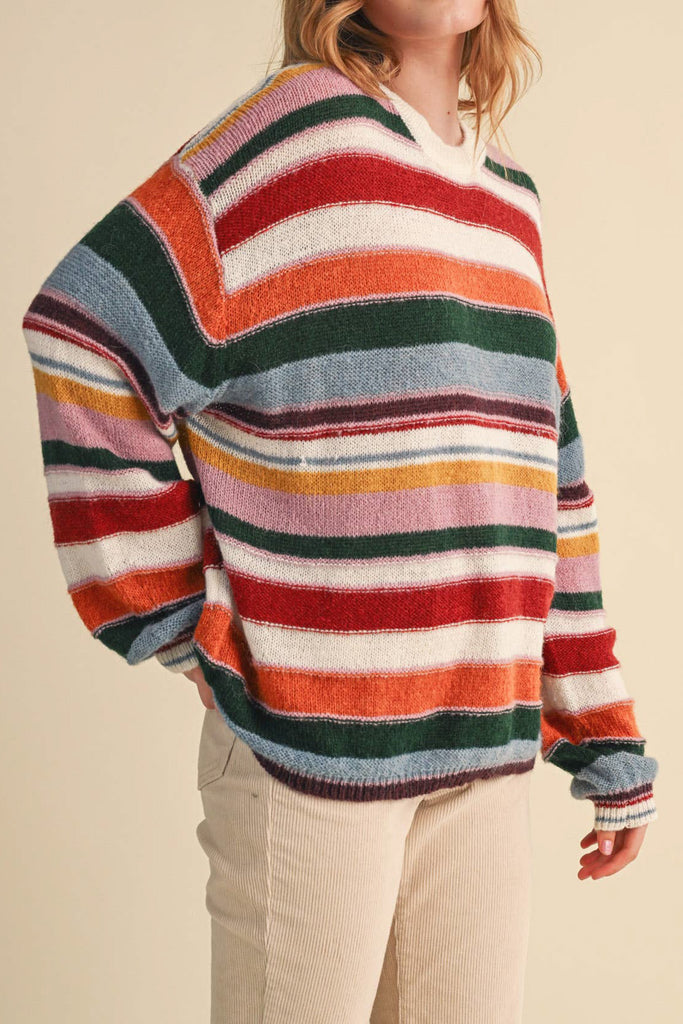 soft and comfortable pullover with a colorful striped design. 