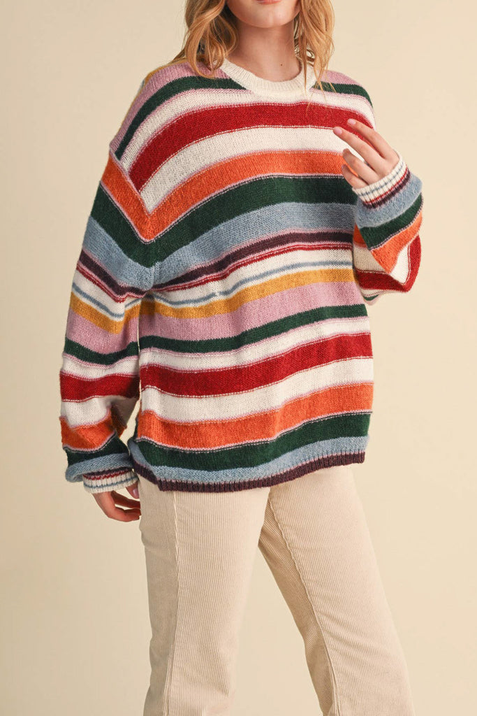 soft and comfortable pullover with a colorful striped design. 
