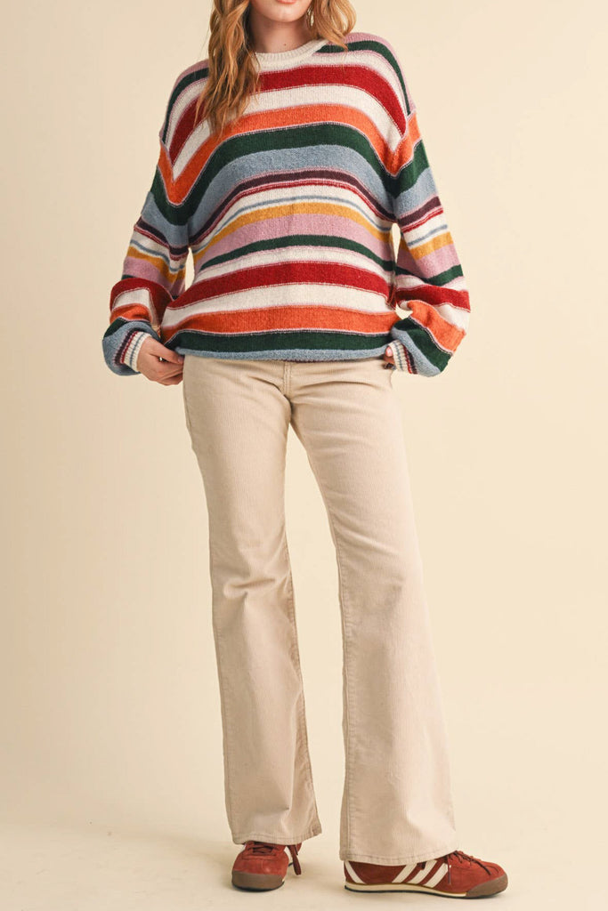 soft and comfortable pullover with a colorful striped design. 