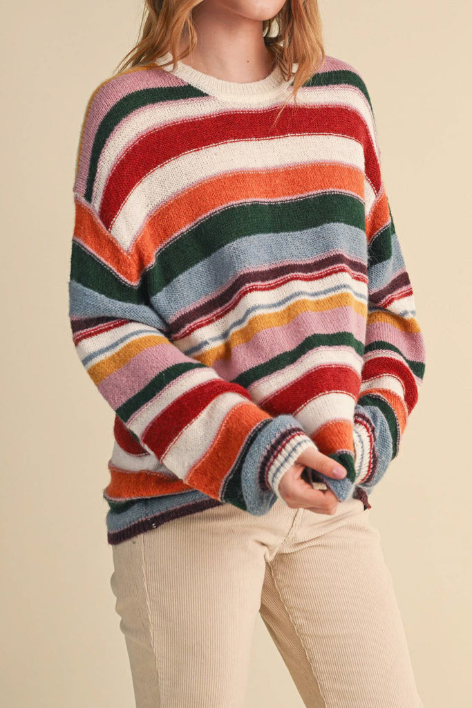 soft and comfortable pullover with a colorful striped design. 