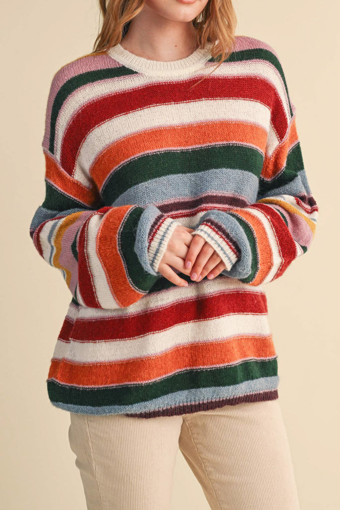 soft and comfortable pullover with a colorful striped design. 