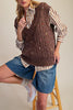 ribbed knit sweater vest in washed chocolate brown with embroidered floral details throughout