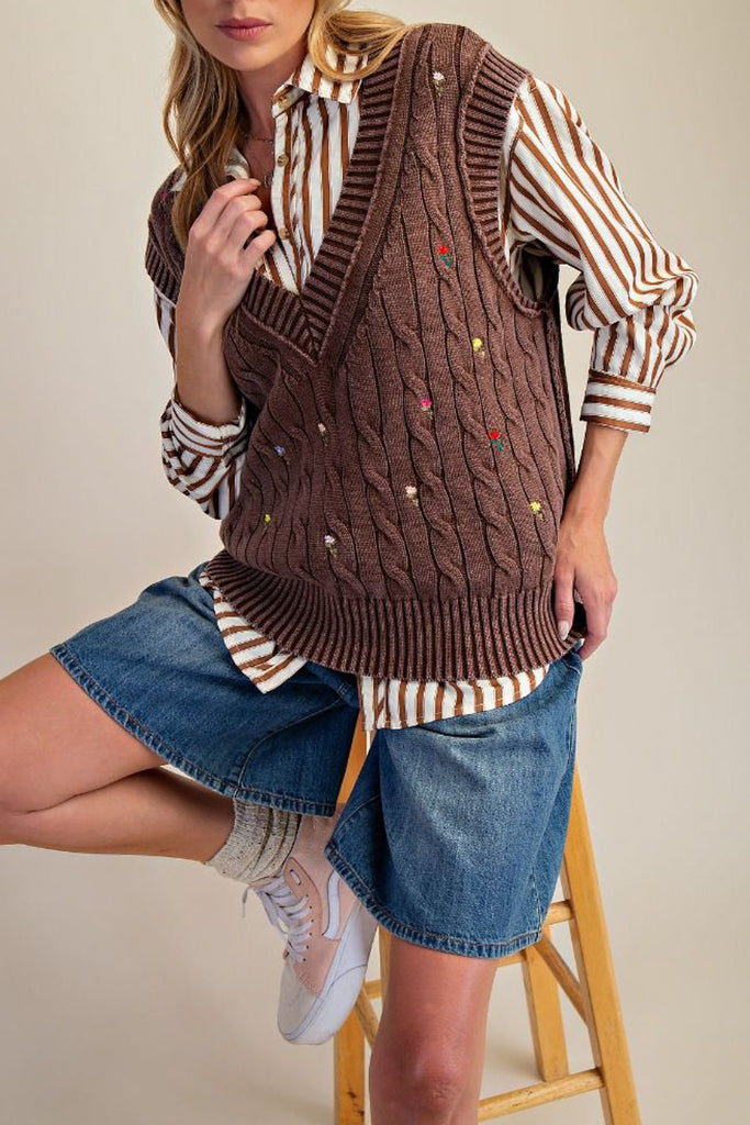 ribbed knit sweater vest in washed chocolate brown with embroidered floral details throughout