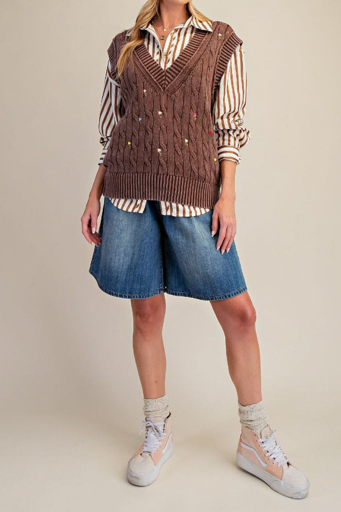 ribbed knit sweater vest in washed chocolate brown with embroidered floral details throughout
