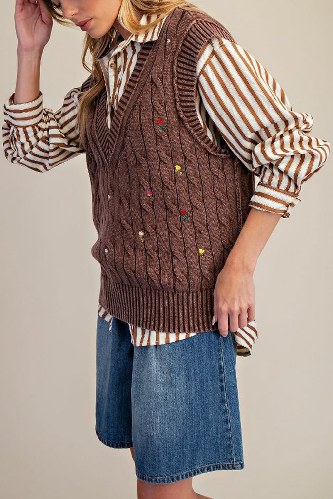 ribbed knit sweater vest in washed chocolate brown with embroidered floral details throughout
