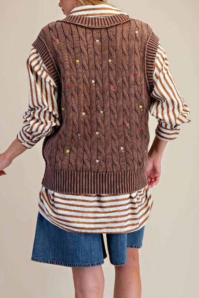 ribbed knit sweater vest in washed chocolate brown with embroidered floral details throughout
