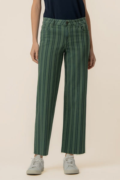 wide leg pants in deep matcha green and navy blue vertical stripes