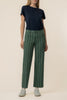 wide leg pants in deep matcha green and navy blue vertical stripes