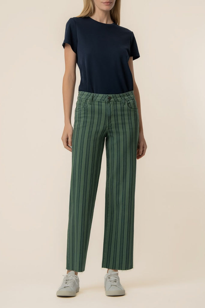 wide leg pants in deep matcha green and navy blue vertical stripes