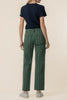 wide leg pants in deep matcha green and navy blue vertical stripes