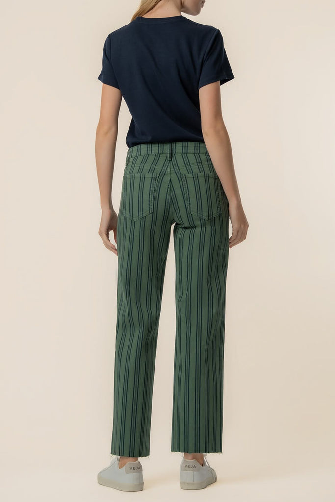 wide leg pants in deep matcha green and navy blue vertical stripes