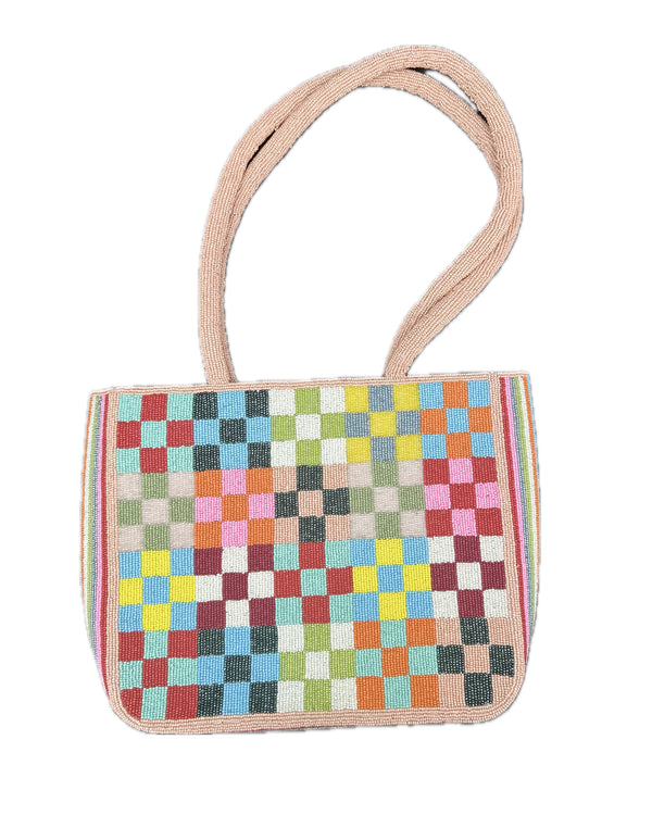 beaded bag with a colorful checkerboard pattern