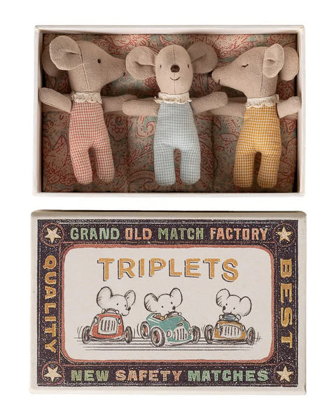 baby triplet mice from maileg in sweet checkered outfits