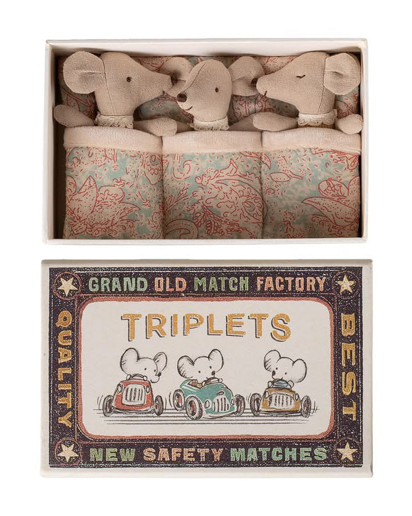 baby triplet mice from maileg in sweet checkered outfits