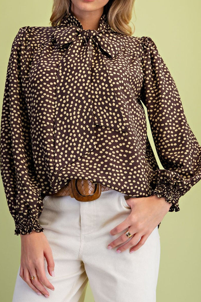 chocolate brown blouse with cute tan colored polka dots throughout