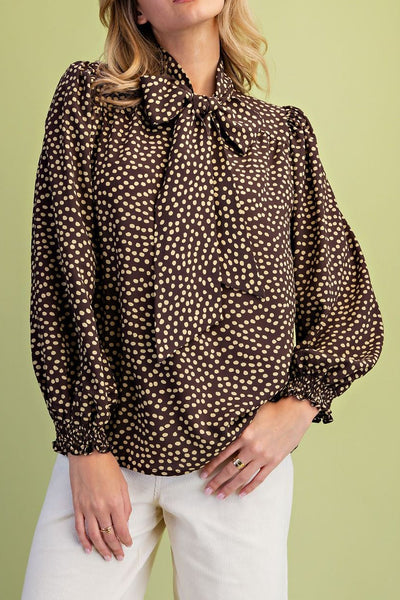 chocolate brown blouse with cute tan colored polka dots throughout