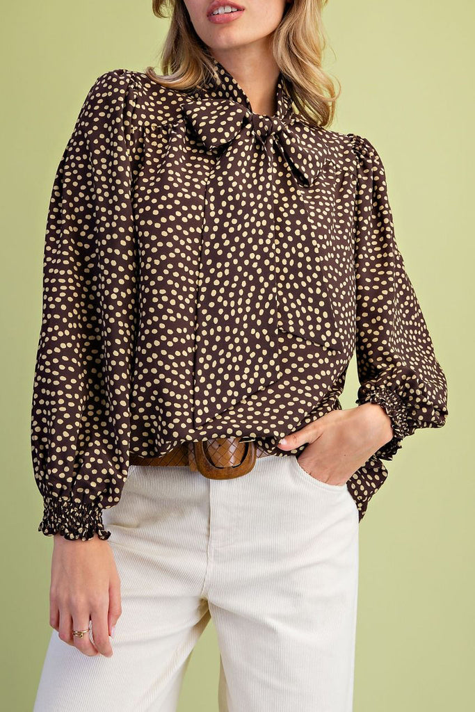 chocolate brown blouse with cute tan colored polka dots throughout