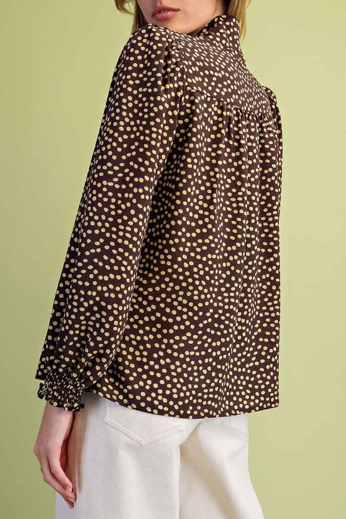chocolate brown blouse with cute tan colored polka dots throughout
