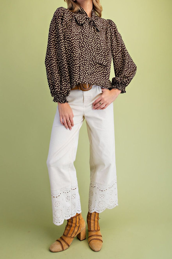 chocolate brown blouse with cute tan colored polka dots throughout