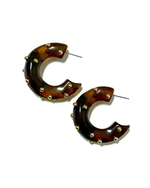 brown huggie hoops with metallic stud details throughout
