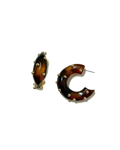 brown huggie hoops with metallic stud details throughout