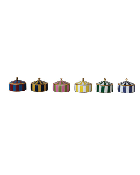 small storage boxes in the shape of a striped circus tent