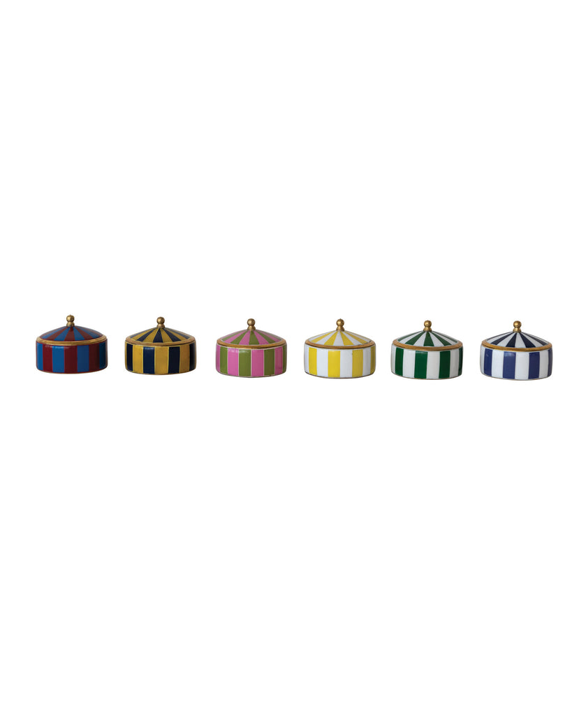 small storage boxes in the shape of a striped circus tent