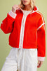 fiery red fleece jacket with white contrast trim