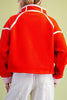 fiery red fleece jacket with white contrast trim