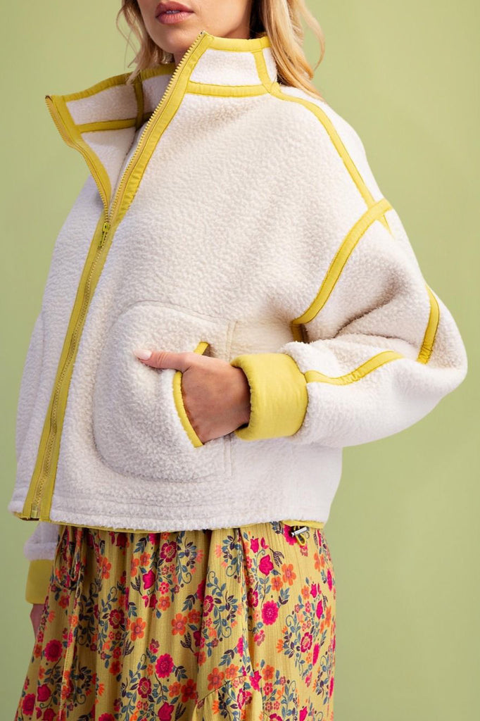 fleece jacket with bright yellow contrast trim 
