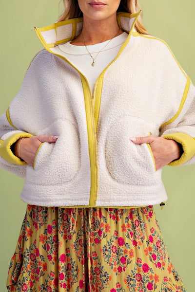 fleece jacket with bright yellow contrast trim 