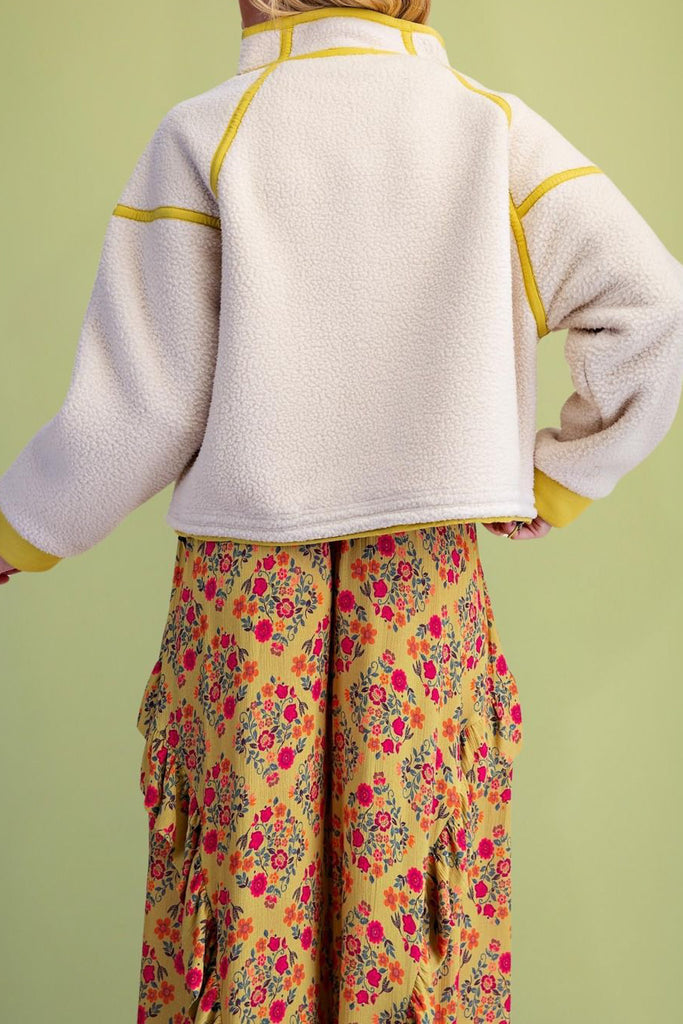 fleece jacket with bright yellow contrast trim 