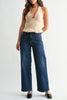 vintage-inspired high rise straight leg jeans in a dark blue denim wash 