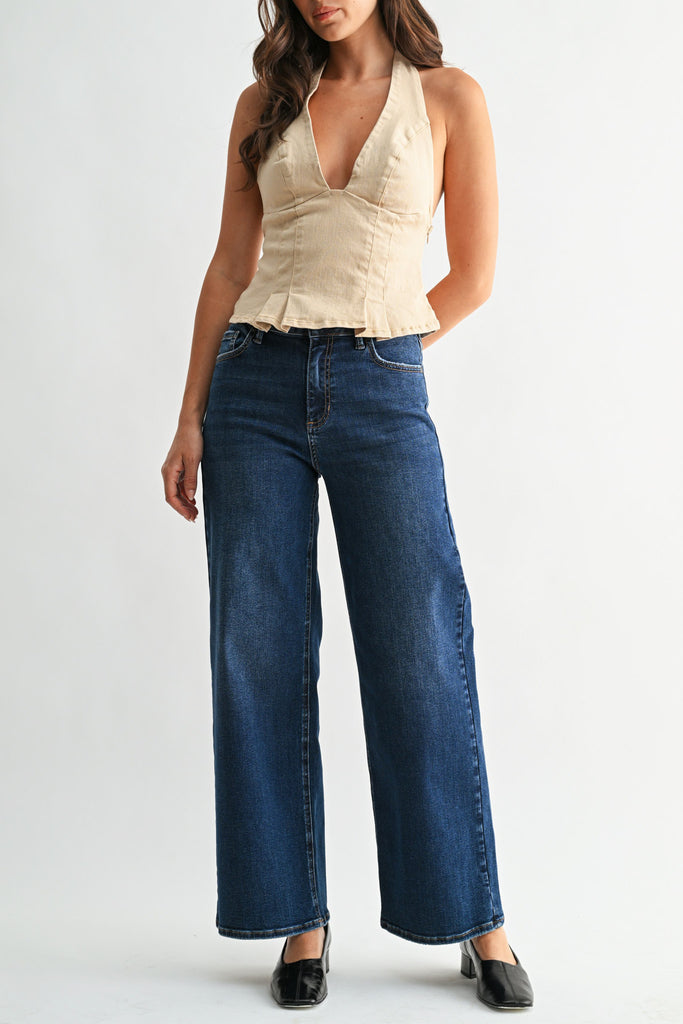 vintage-inspired high rise straight leg jeans in a dark blue denim wash 