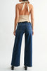 vintage-inspired high rise straight leg jeans in a dark blue denim wash 