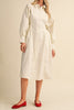 cloud white midi dress with a gathered waist and a classic shape