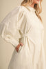 cloud white midi dress with a gathered waist and a classic shape