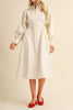 cloud white midi dress with a gathered waist and a classic shape