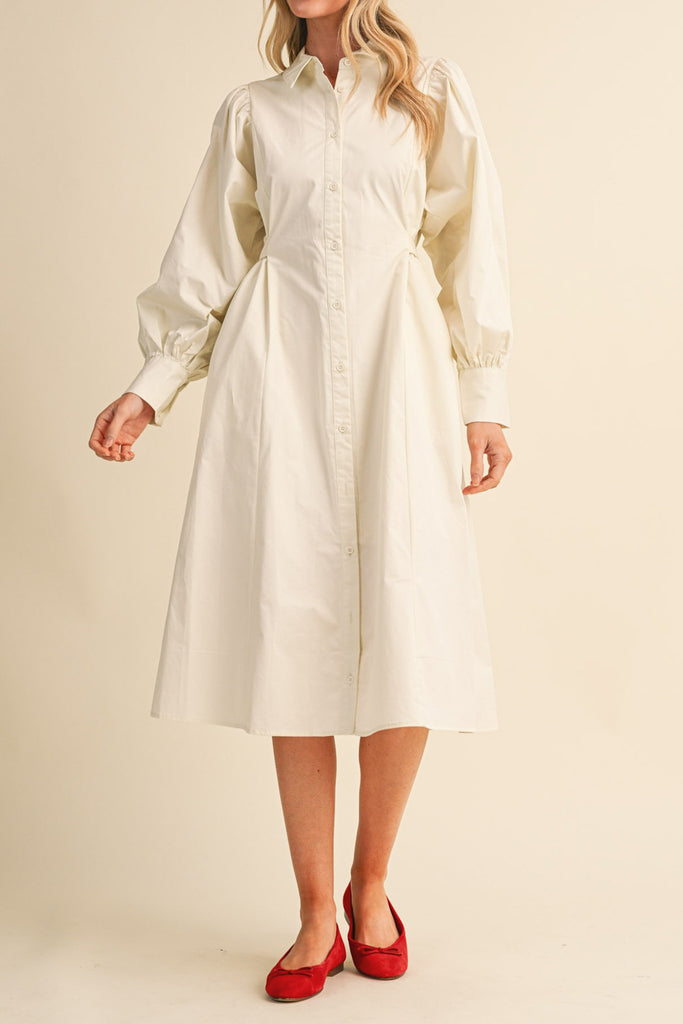 cloud white midi dress with a gathered waist and a classic shape