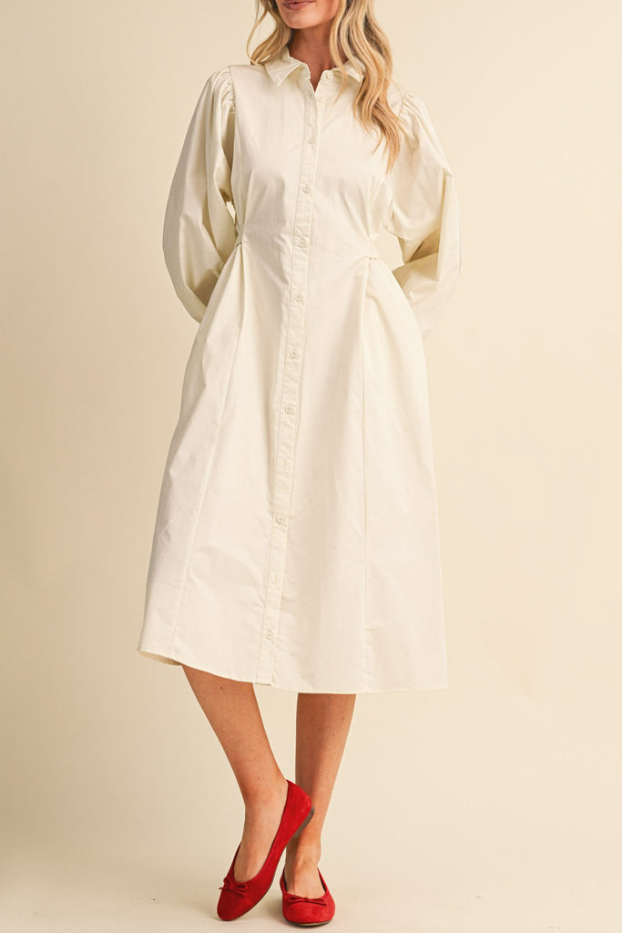 cloud white midi dress with a gathered waist and a classic shape