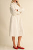 cloud white midi dress with a gathered waist and a classic shape