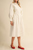 cloud white midi dress with a gathered waist and a classic shape