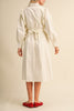 cloud white midi dress with a gathered waist and a classic shape