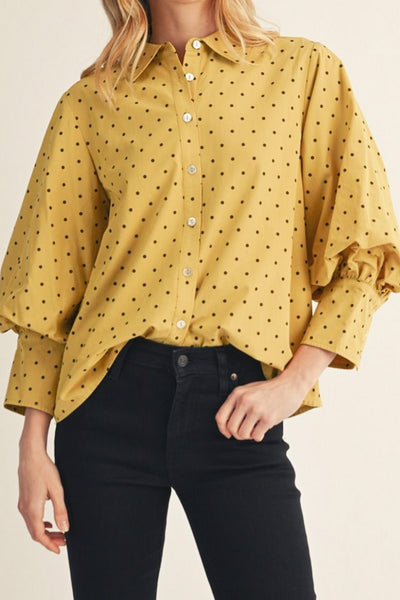 lightweight button down blouse in mustard yellow with black polka dots