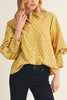 lightweight button down blouse in mustard yellow with black polka dots