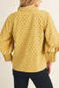 lightweight button down blouse in mustard yellow with black polka dots