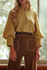 lightweight button down blouse in mustard yellow with black polka dots